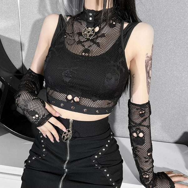 Occult Mesh Skull Set - Conjunto Malla Gótica Negro Rave