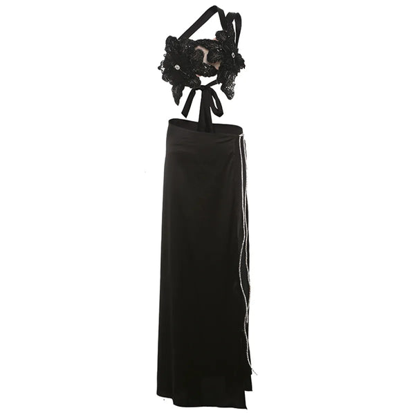 Rhinestone Slit Maxi Skirt Set - Conjunto Falda Larga Negra Rave